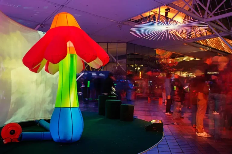 Giant inflatable echinecea flower on green astroturf long exposure blurry people and art scupture hangs from ceiling