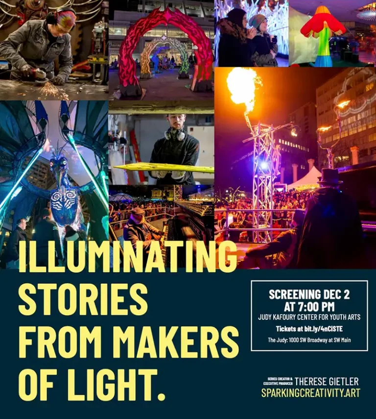 Movie Poster with 8 images of art and artists working reads Illuminating Stories From Makers of Light