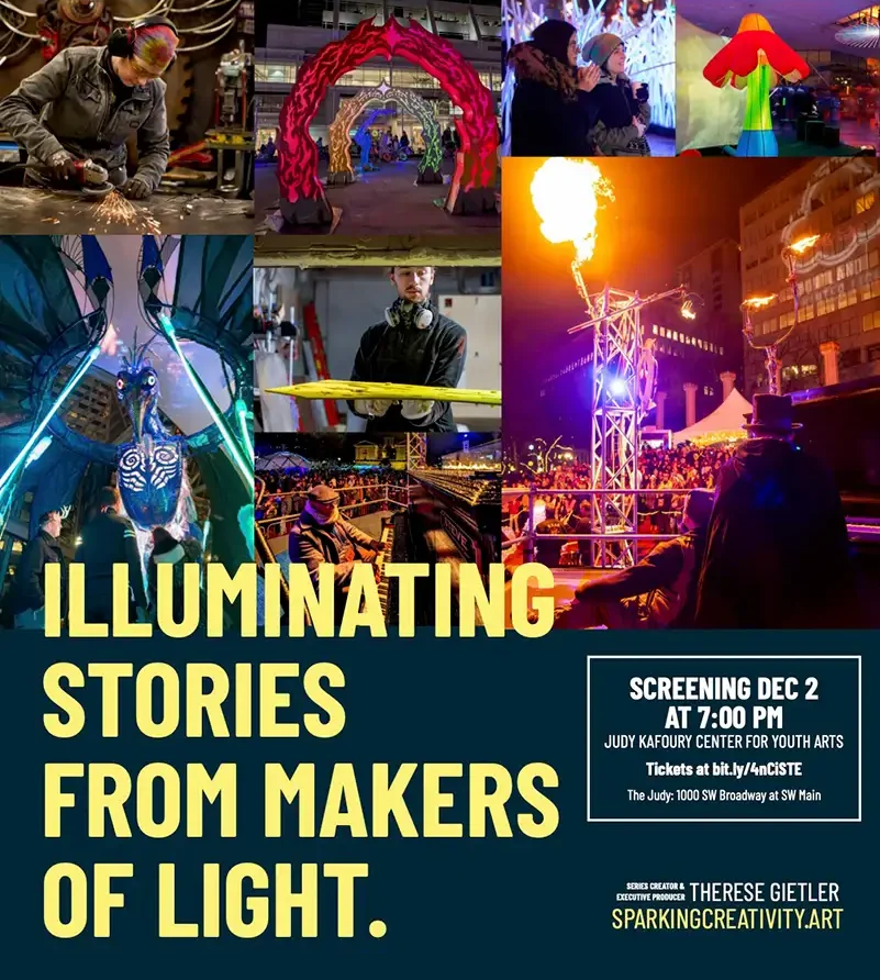Movie Poster with 8 images of art and artists working reads Illuminating Stories From Makers of Light