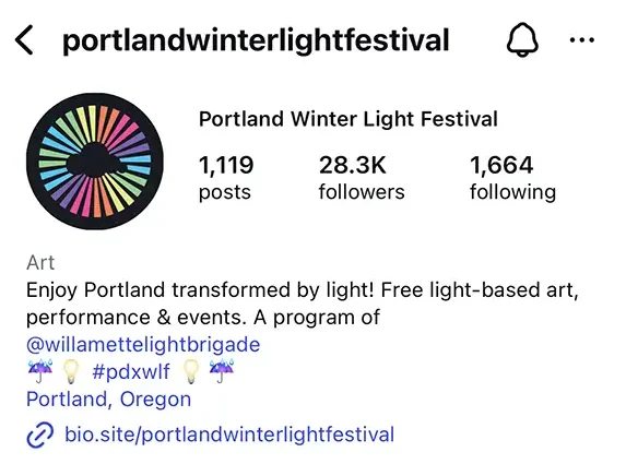 Instagram home page for Portland Winter Light Festival