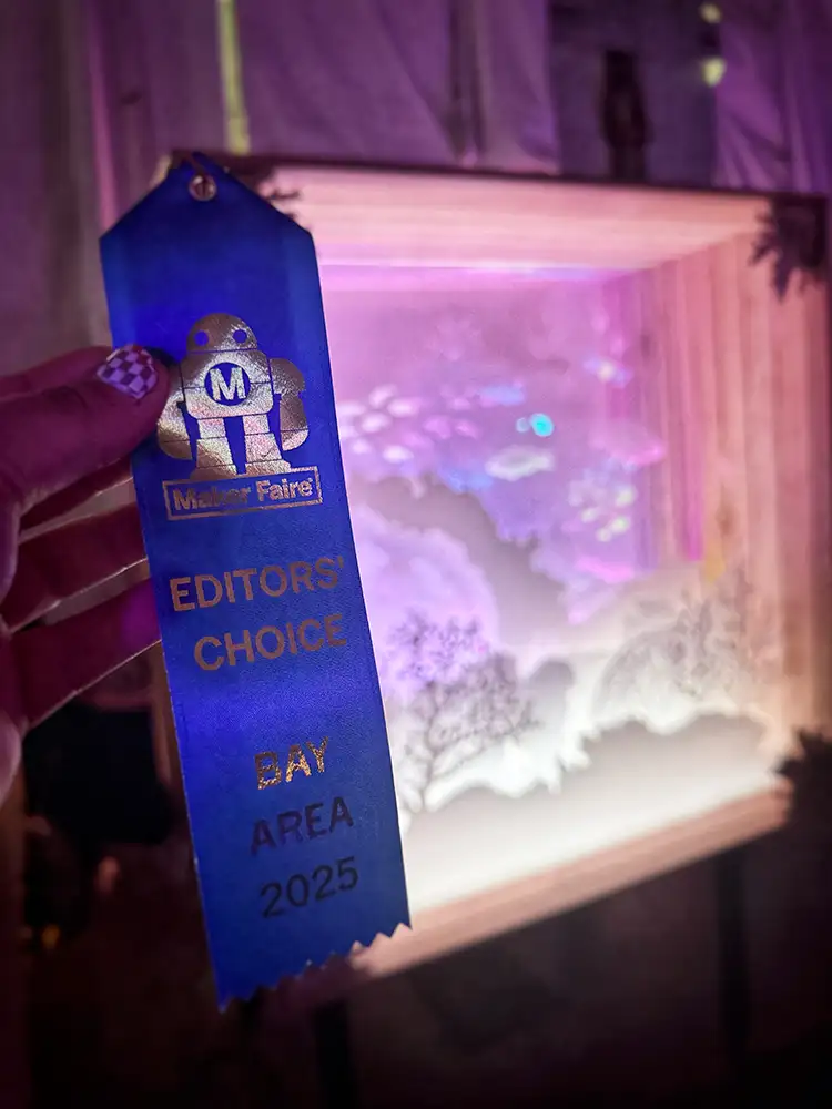Blue Ribbon award held up in front of light-based art installation