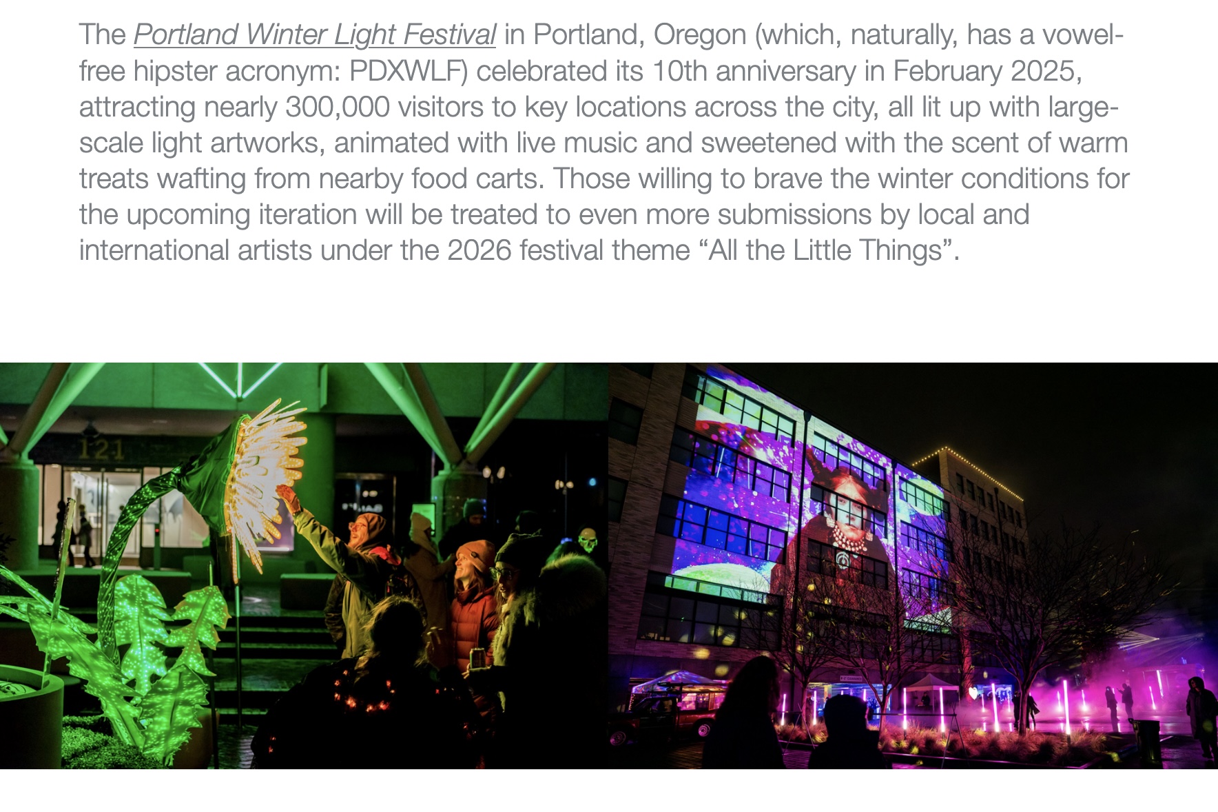 International press from American Express Essentials about Portland Winter Light Festival - screenshot of blog post