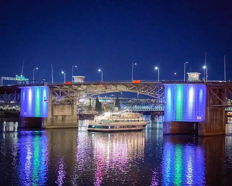illuminated bridge at night with riverboat gliding underneath