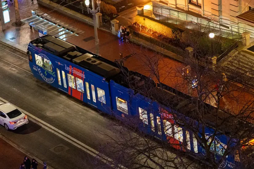 Trimet Max Train at night looking down from an office window