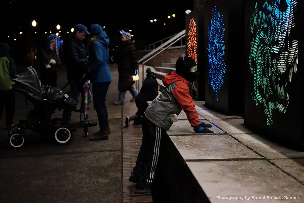 young kid is winter gear stares at illuminated public art at night