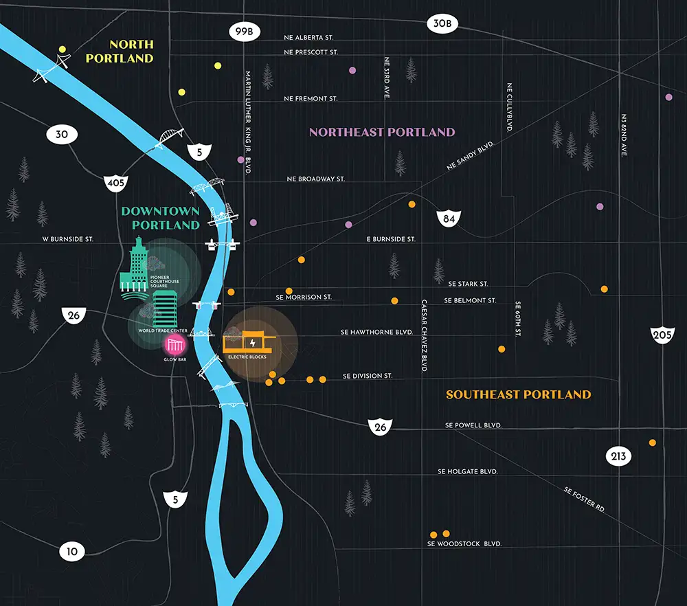Festival map of Portland on black with glowing icons where art will be placed