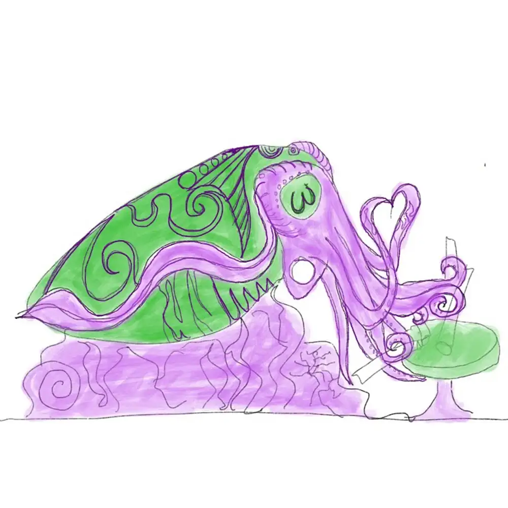 sketch of a cuttlefish in purple and green pencil